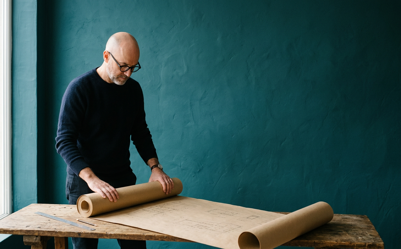 An engineer in a navy sweater unrolling kraft paper engineering drawings on a wooden table