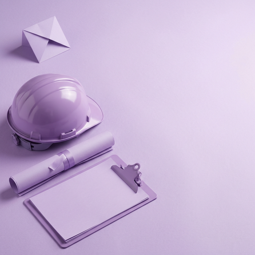 A lavender safety helmet, rolled drawings and a clipboard on lavender paper