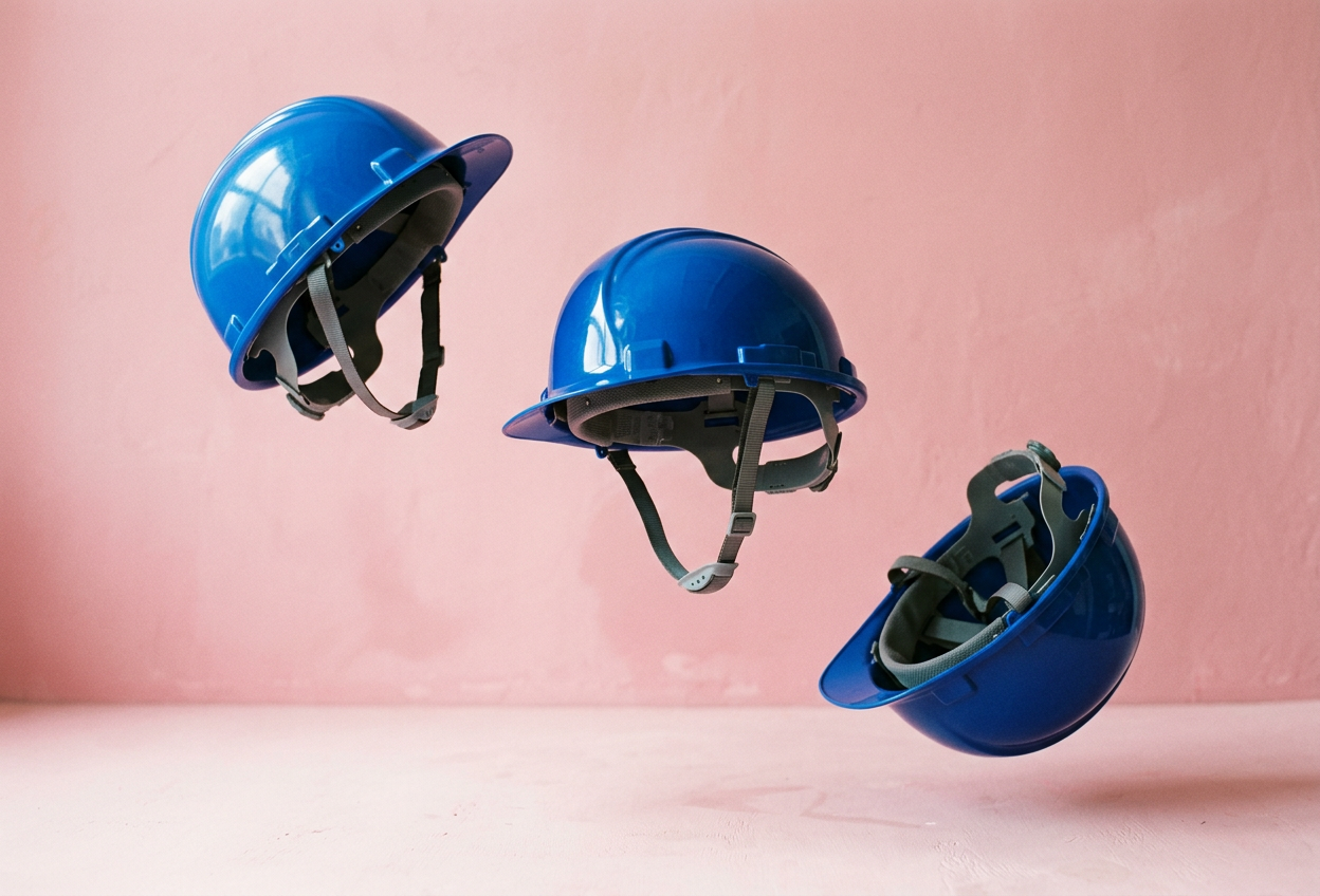 Three blue safety helmets floating in front of a pink wall